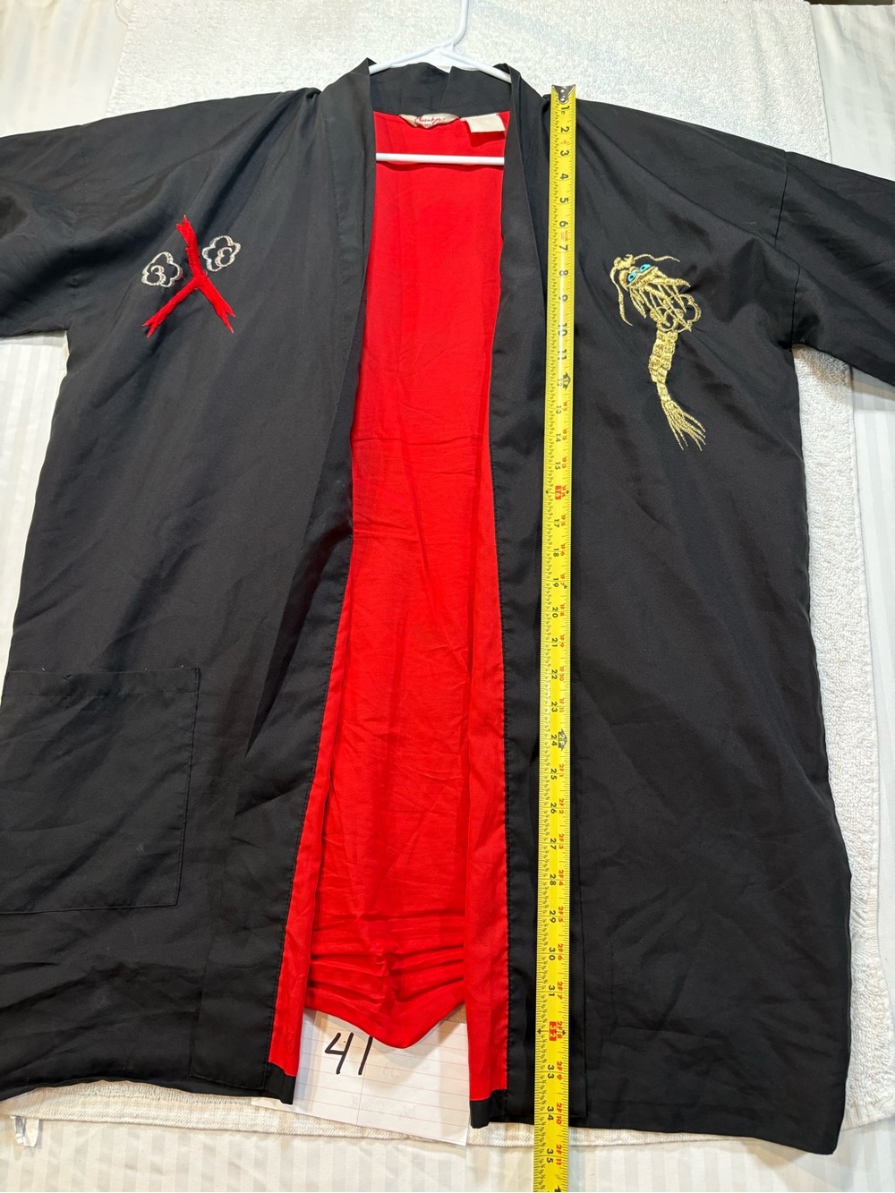 Vintage Marukyo Kimono Robe Japan Black Red Gold Embroidered Back Dragon 34"